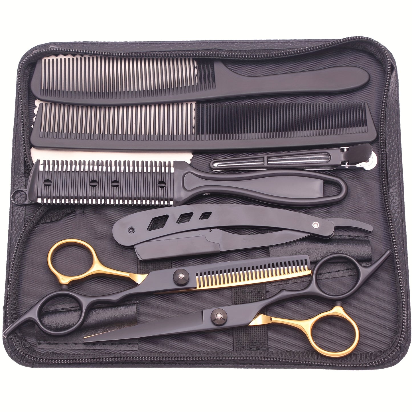 Japanese stainless hair cutting scissors and thinning shears set for barber shops and hairdressing, includes combs and razor