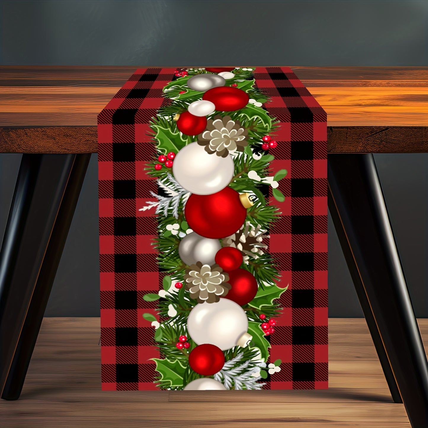 Polyester Merry Christmas Table Runner in Red Black Plaid Print for Holiday Decor and Gifts