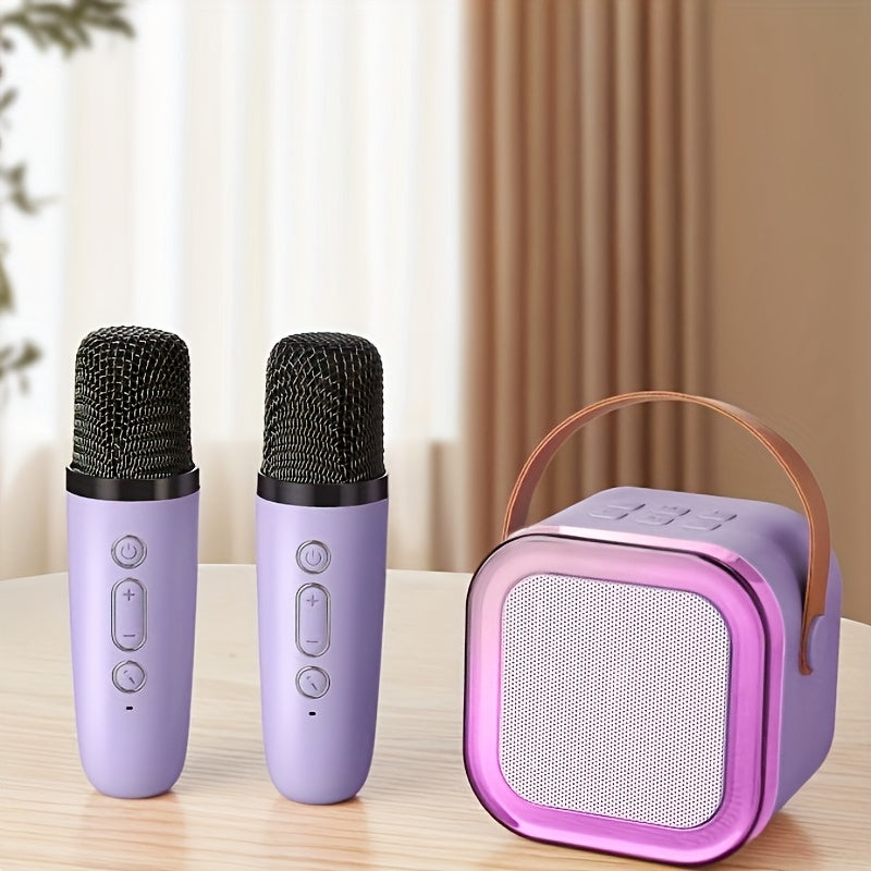 Portable adult karaoke machine with 2 wireless microphones, RGB lighting, TF card/USB support, gift box packaging in purple/black. Compatible with all smartphones.