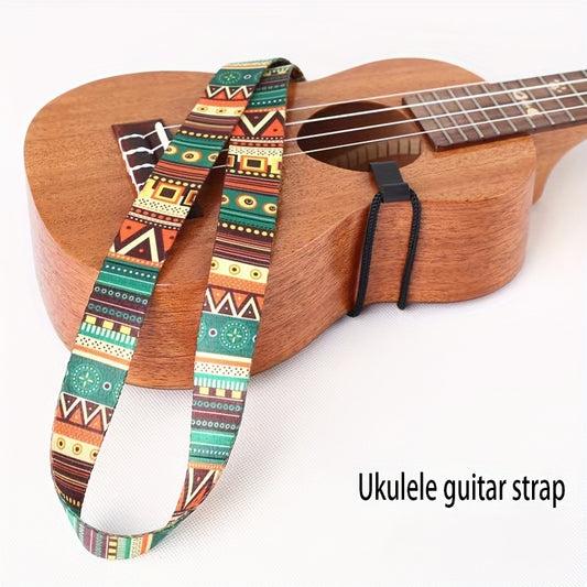 Colorful Hawaiian-inspired ukulele strap with geometric patterns, vibrant mixed colors, and a 4-string guitar hook backdrop.