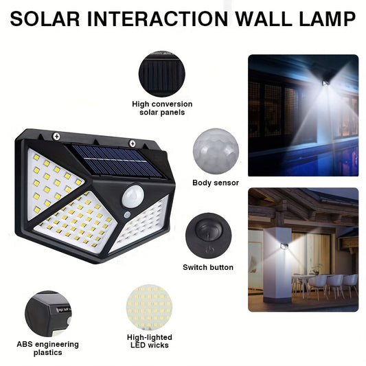 Outdoor solar-powered wall light with 100 LEDs and motion sensor for all-around human body detection.