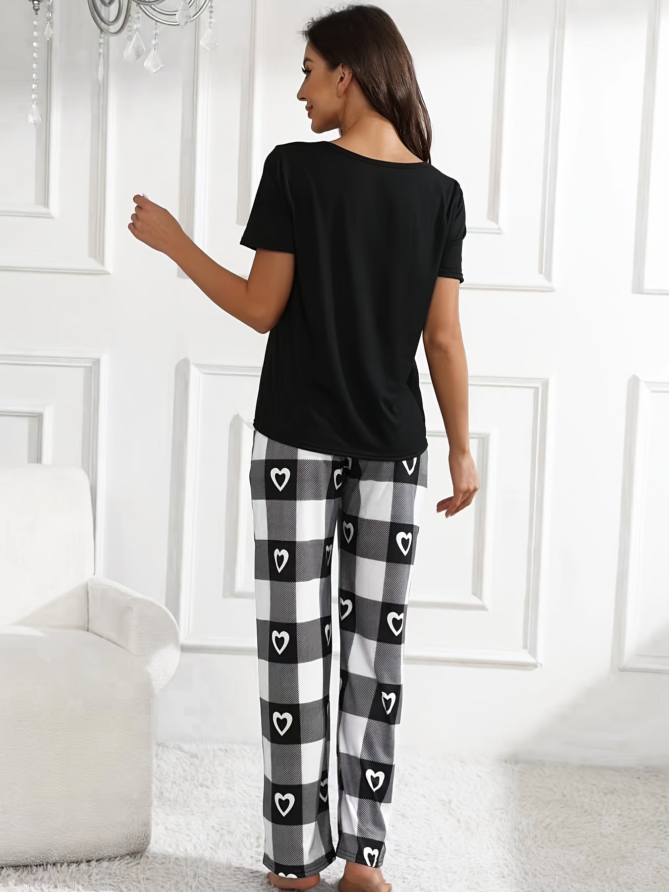 Heart & Slogan Print Pajama Set with Short Round Neck Top and Plaid Pants, Women's Sleepwear