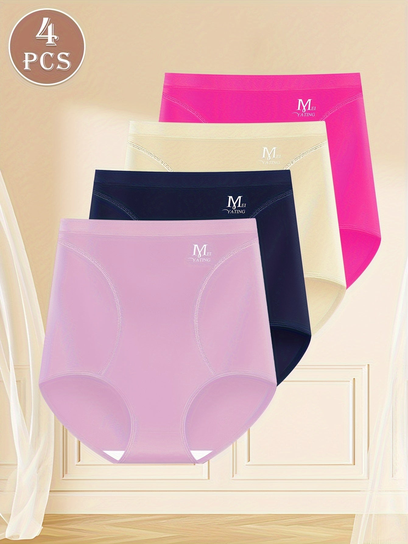 MEIYATING Elegant High-Waisted Briefs 4 Pack - 90% Polyester, 10% Elastane, Full Coverage Comfort Panties with Medium Stretch, Solid Color Design for Women