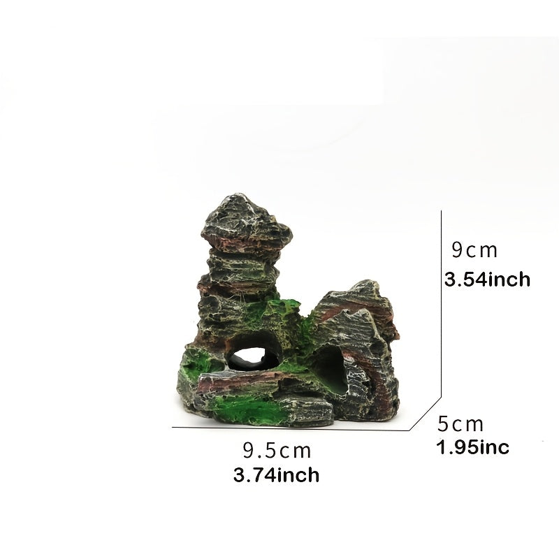 1 piece Resin Rockery Aquarium Ornament with lifelike moss-covered faux mountain and cascading waterfall, perfect for fish tank landscaping and decoration. peaceful and textured finish.