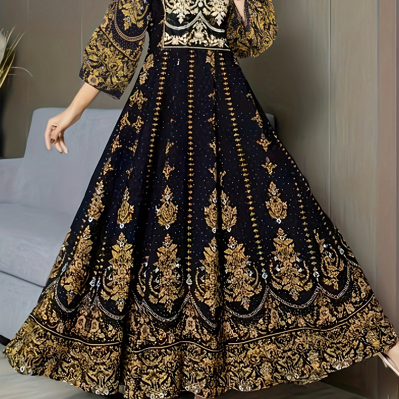 Elegant ethnic floral print maxi dress with V neck and 3/4 sleeves, perfect for vacations.