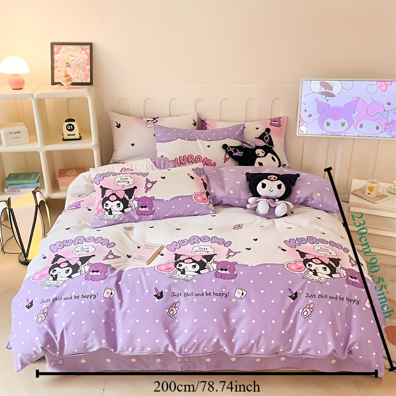 4-piece Sanrio bedding set includes 1 quilt cover, 2 pillowcases, and 1 sheet. Soft, comfortable, and durable. Bedding set measures 200.0cm * 230.0cm and is purple in color. Quilt and