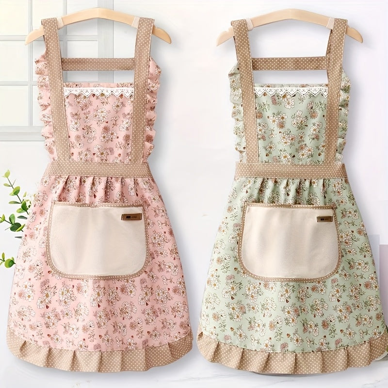 Waterproof floral lace apron with towel pocket; ideal for kitchen, living room, and bathroom.