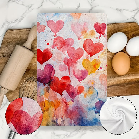 Set of 2 Ultra Soft Kitchen Towels featuring a Valentine's Day Heart Splash Design. These towels are highly absorbent, machine washable and measure 40.64x60.96 cm. They have vibrant watercolor hearts perfect for adding a festive touch to your home decor.