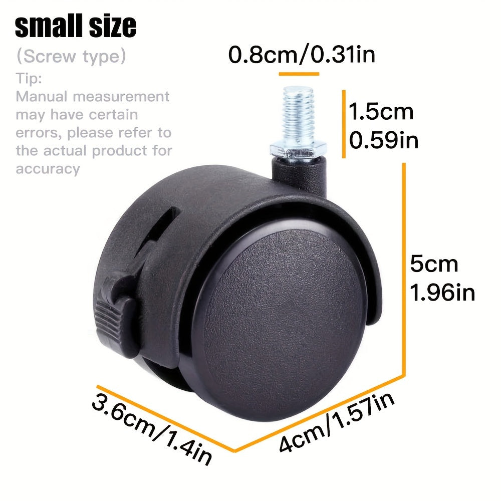 Set of 2 or 4 rotating foot rollers with dimensions of 5.08cm x 3.81cm. These e-sports chair accessories come with a locking brake and a neck grip foot roller. Made with black nylon wheels, they are suitable for use with e-sports chairs, office chairs