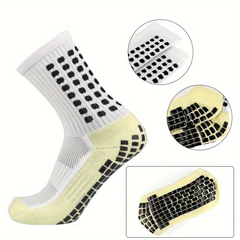 5-piece soccer sports gear set includes silicone grip football socks, shin guards, protective gear, drawstring backpack, and sports tapes. The set features polyester and elastane knitted