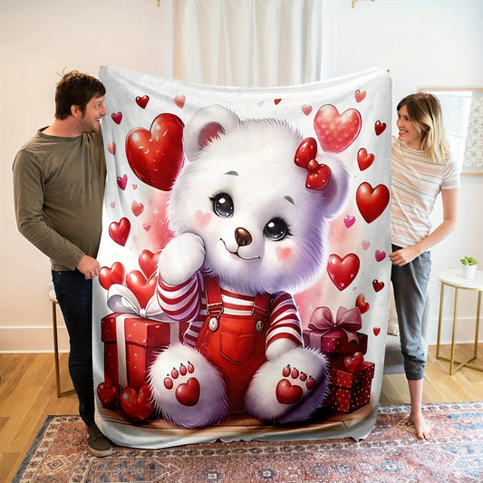 Soft, plush teddy bear with hearts digital print throw blanket, hypoallergenic and contemporary. Machine washable and versatile for sofa, bed, or outdoors. All seasons decorative knit fabric throw, perfect for gifting on Thanksgiving, Christmas, or