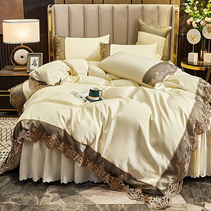 Modern luxury polyester duvet cover set with 2-3 pieces. Solid color with golden lace details. Soft, comfortable, and breathable with zipper closure. Suitable for bedroom, guest room, and