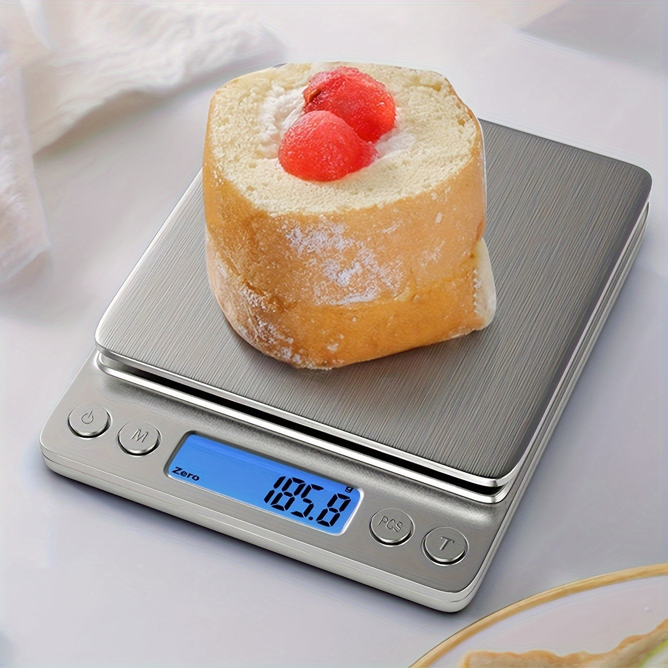 High precision digital scale for food weighing in grams and ounces, battery-free, essential for apartments and dorms.