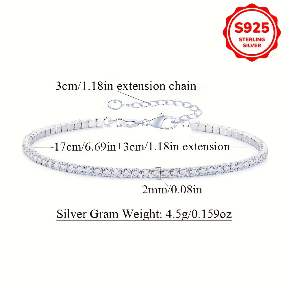 Stylish 925 Sterling Silver Tennis Chain Bracelet featuring Synthetic Cubic Zirconia, Adjustable 2MM/3MM, Hypoallergenic, Sparkling Iced Out Design, Perfect for Daily Wear and Gifting, Ideal Valentine's Day Jewelry for Women.