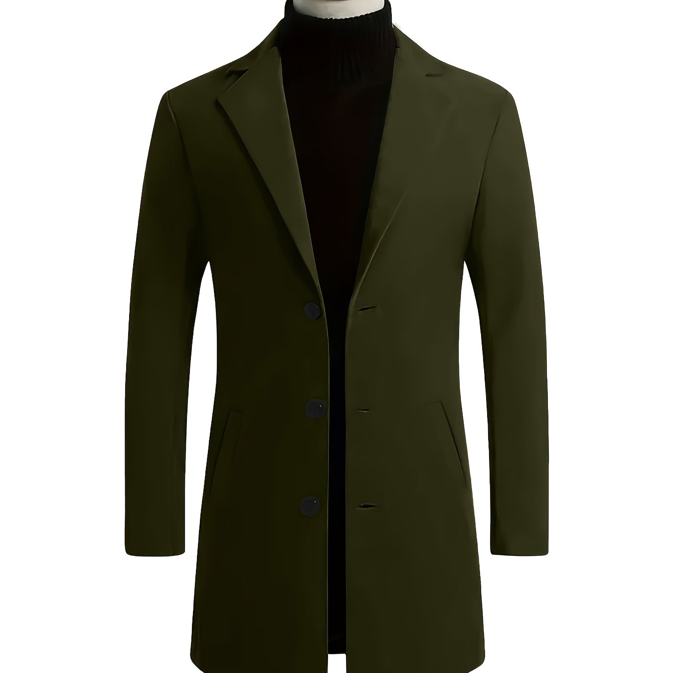 Men's Fall/Winter Polyester Coat with Solid Color, Long Sleeve Lapel Work Jacket, Button Details, Non-Stretch Woven Fabric, Regular Fit.