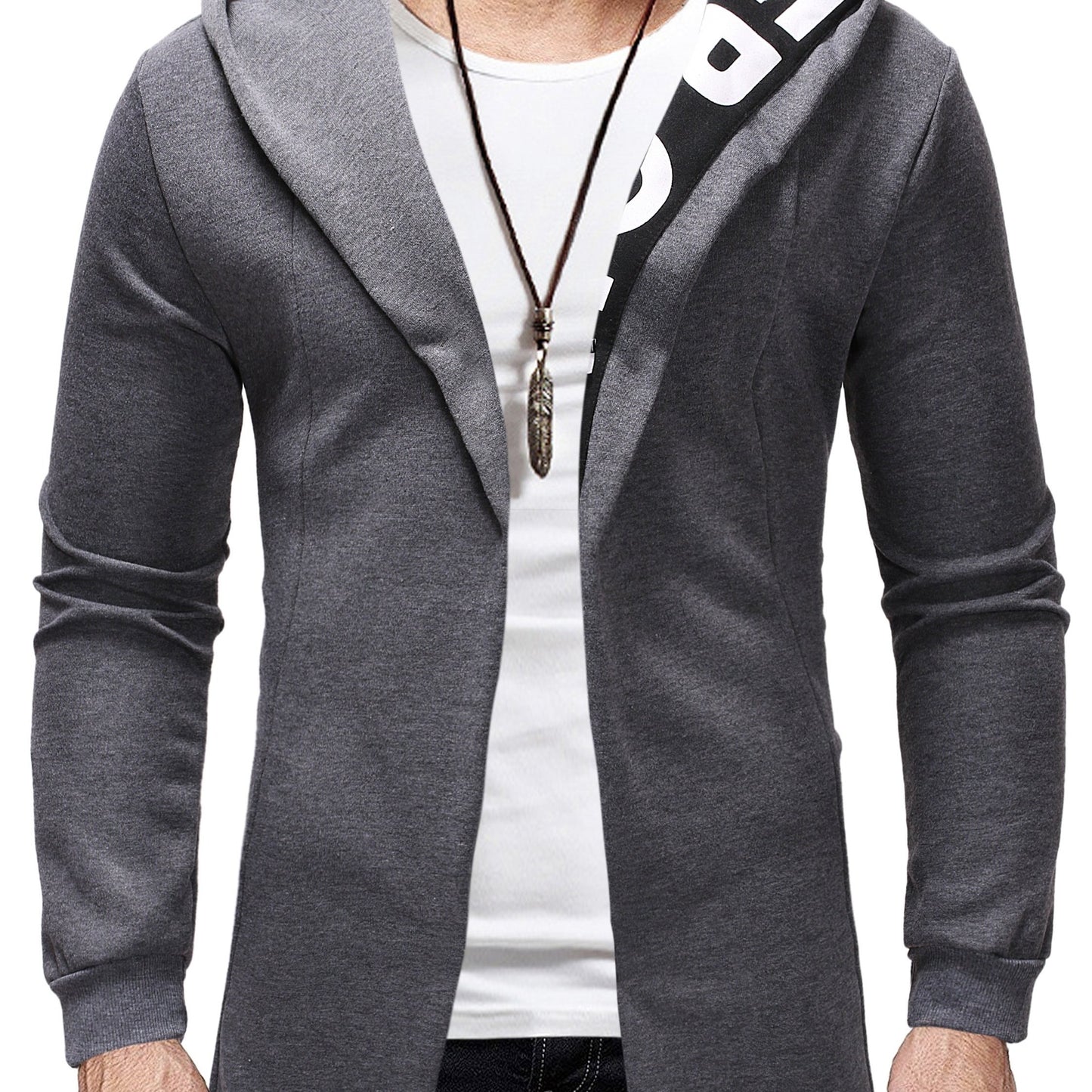 Men's hooded cardigan sweater jacket, made of 95% polyester and 5% elastane with slight stretch knit fabric in a solid color. Regular fit for spring/fall, weighing 220g/m².