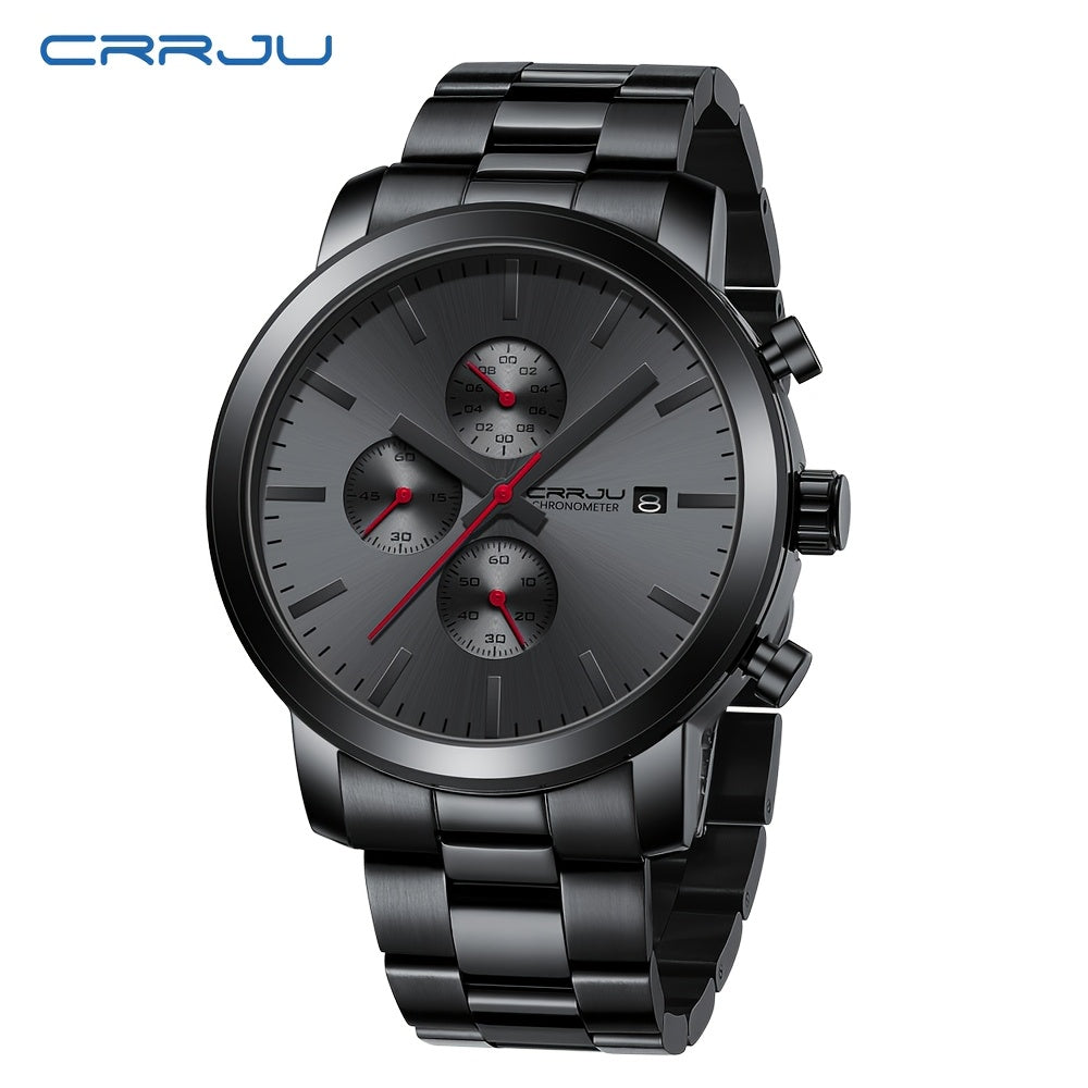 CRRJU Luxury Men's Stainless Steel Quartz Chronograph Watch with Business Style Analog Display.