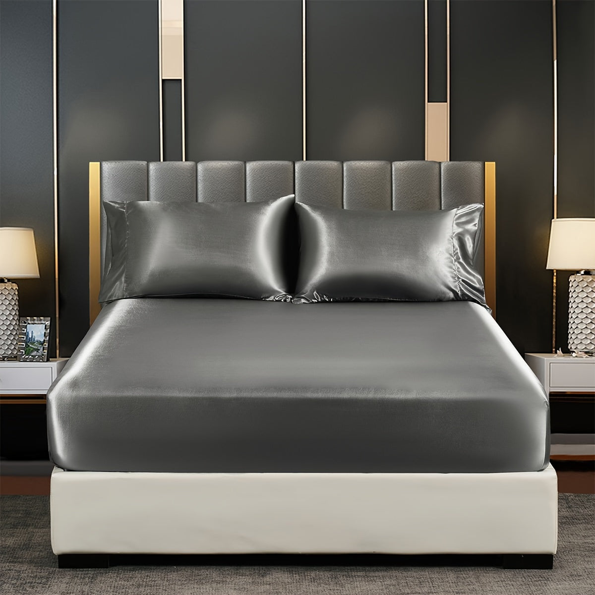 Satin Solid Color Fitted Sheet, Luxuriously Soft Bedding for Bedroom and Guest Room, Pillowcase Not Included