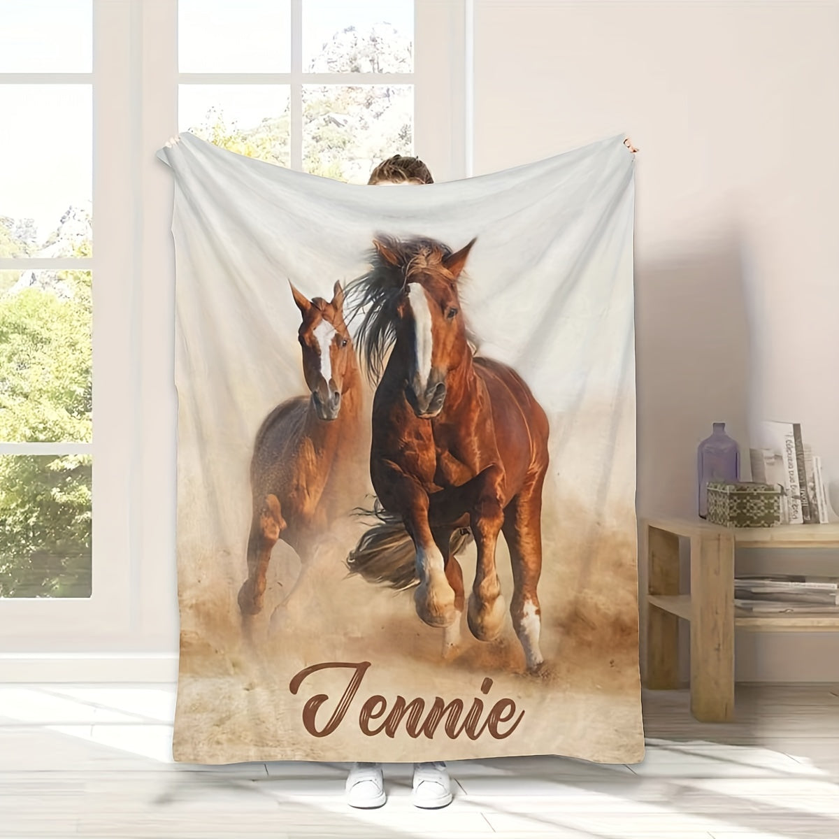 Personalized Horse Design Blanket with Custom Name - Perfect for Sofa, Bed, Travel, and Office - Machine Washable, Hypoallergenic Knit Polyester, Ideal for All Seasons