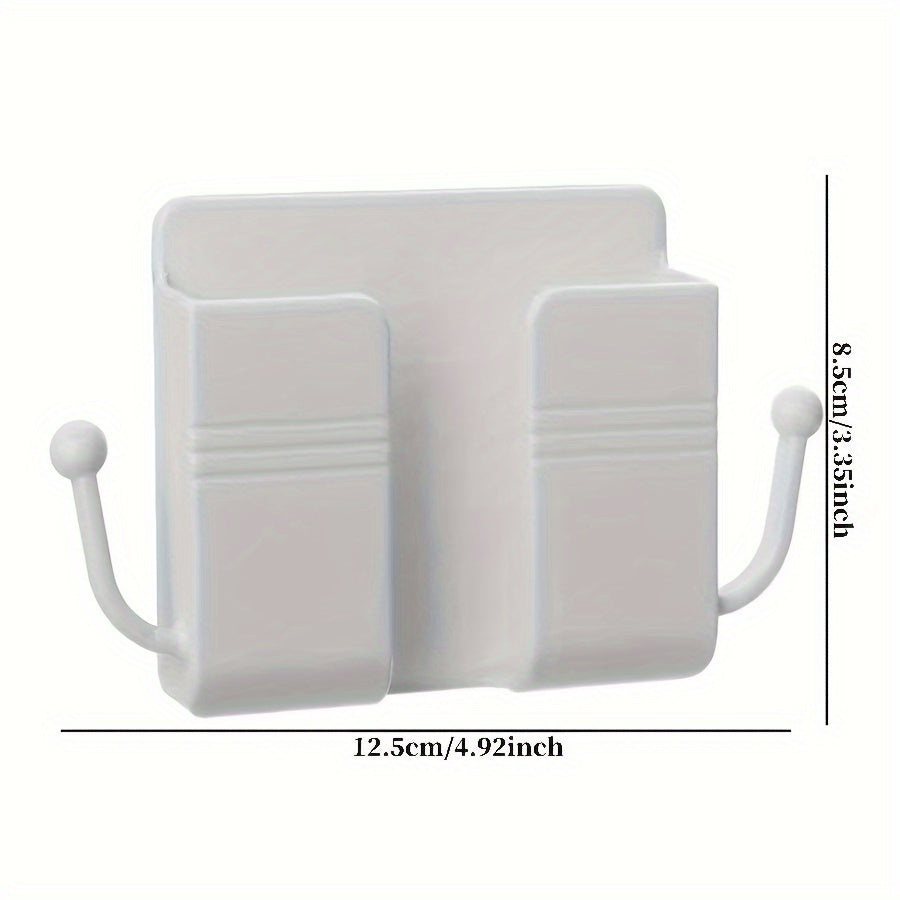 Adhesive Wall Mount Holder with Hooks for Phone Charger and Remote Organization, No-Drill Installation, Convenient Storage for Bedroom or Living Room, Made of Plastic Material, Safe for Non-Food Contact