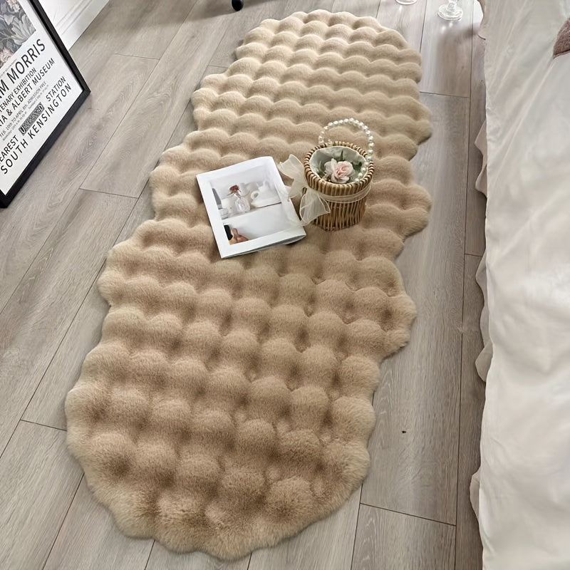 Machine Washable Wave Pattern Faux Rabbit Fur Area Rug - Soft Polyester Non-Slip Water-Resistant Carpet for Living Room, Bedroom, Office, and Porch Decor - Lightweight Irregular Shaped Mat with Moisture Barrier