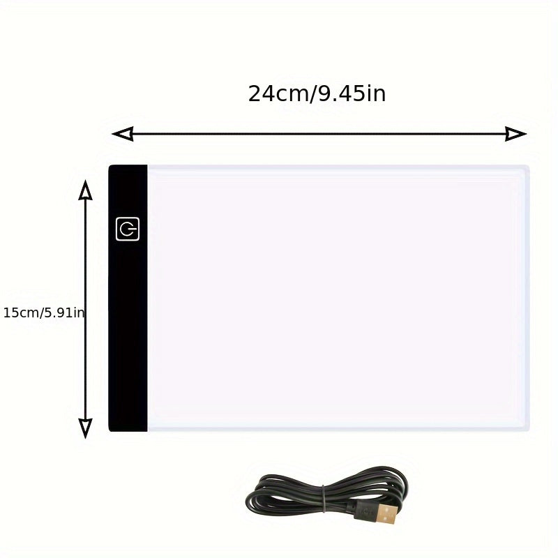 LED tracing light box for A3, A4, and A5 sizes, USB powered with adjustable illumination. Ideal for left and right-handed artists, made of acrylic material. Perfect for sketching