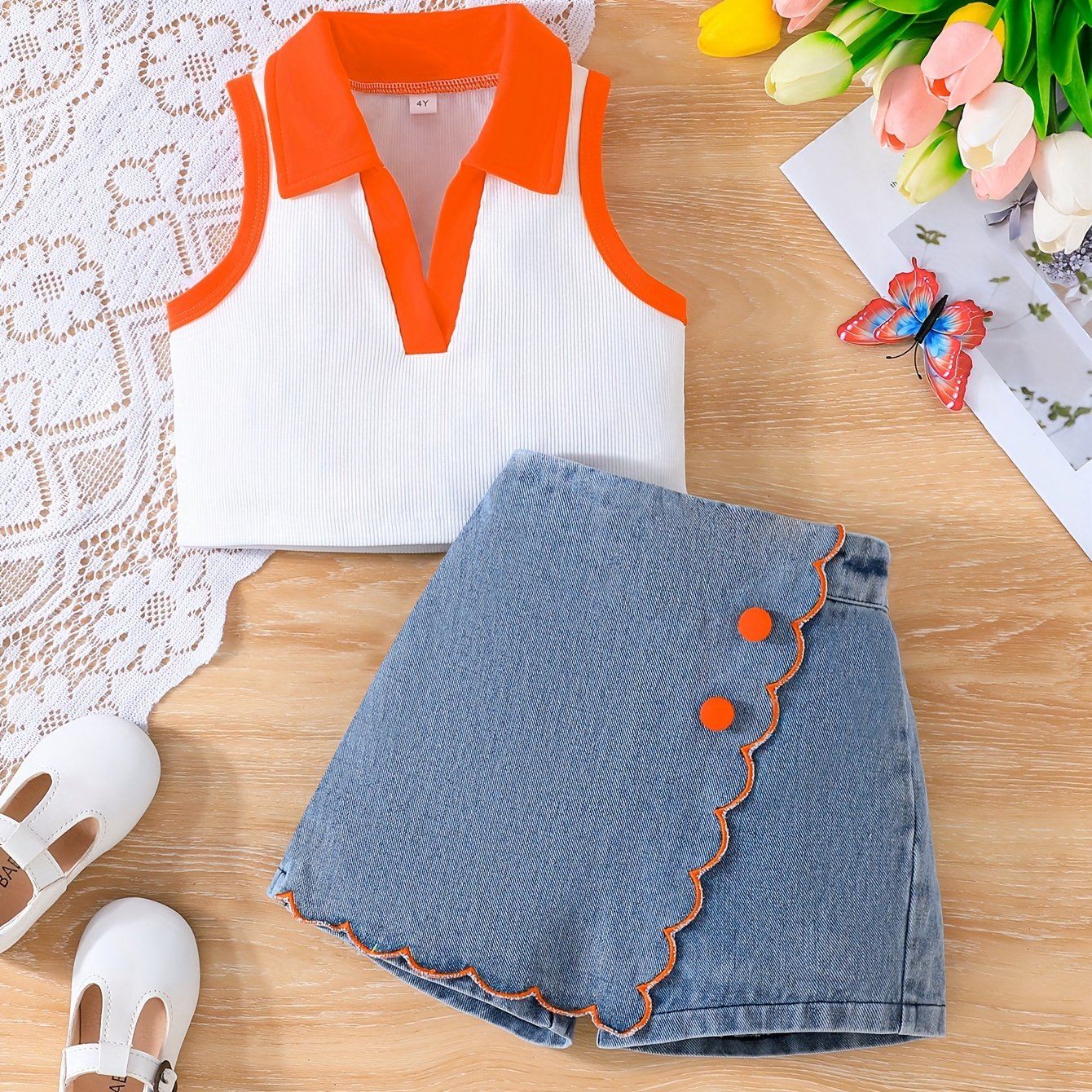 Lapel collar top and contrast color skort set for summer outdoor casual wear.