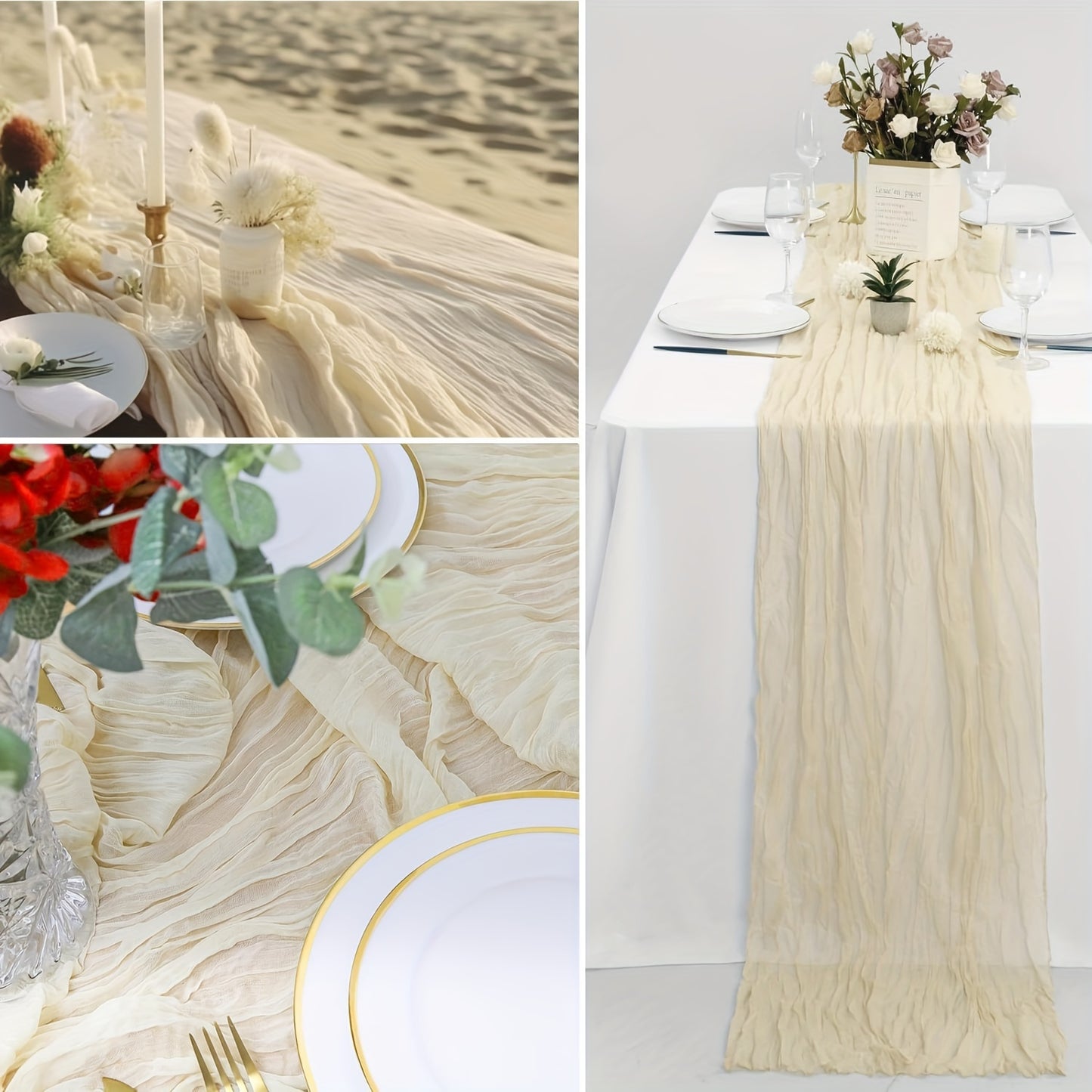 Polyester crinkle table runner for rustic wedding decor.