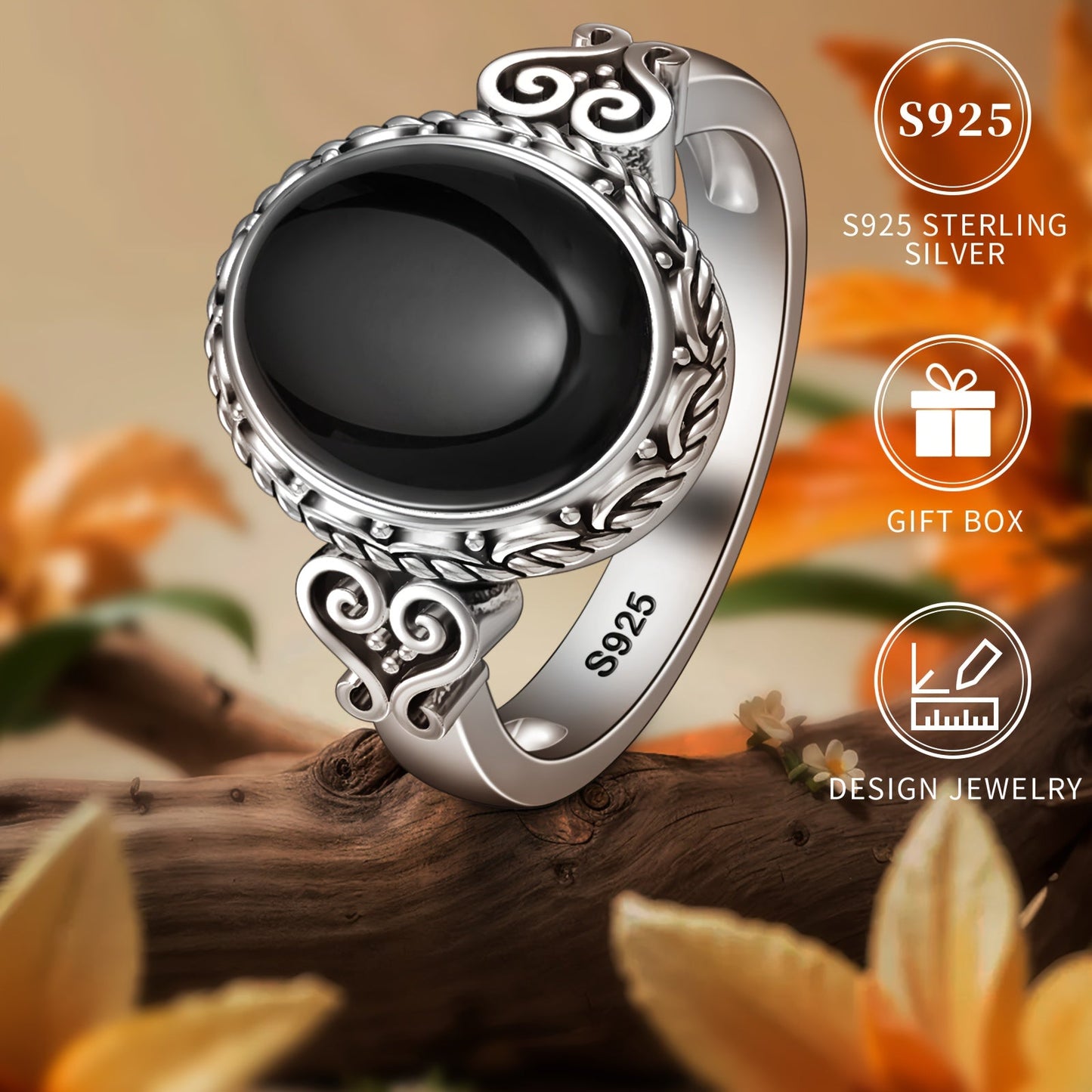 A beautiful S925 sterling silver ring featuring a black agate stone, perfect for women. Hypoallergenic and nickel-free, this ring showcases a heart vine pattern in a Victorian vintage style. Crafted with high-quality materials, it is suitable for daily