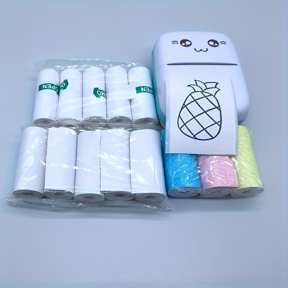 Mini printer camera thermal paper packaging set includes 13 rolls, including self-adhesive paper, color thermal paper, and regular thermal paper.