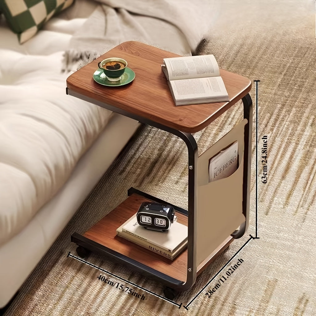 Rolling side table with wheels made of hardwood and metal frame, available in four colors for use in living room or bedside.