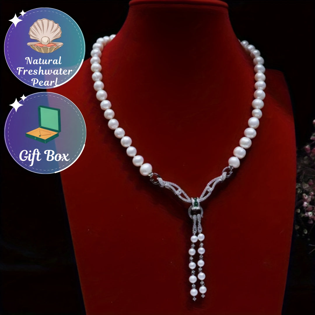 Introducing the latest in autumn and winter celebrity style: a beautiful natural freshwater pearl necklace for women. These 8-9mm nearly round pearls feature slight flaws and a stunning skin gloss, making them the perfect accessory for formal occasions