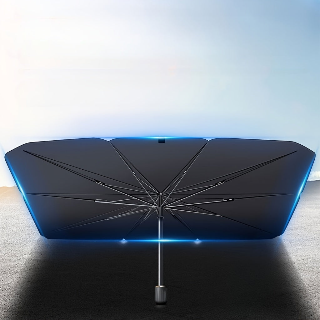 Foldable car sunshade umbrella provides UV protection and blocks heat for most vehicles, easy to use and store.