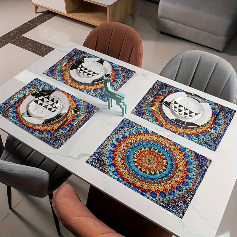 4 Mandala-style placemats with a Persian Bohemian design, heat resistant and washable, suitable for home and restaurant use.