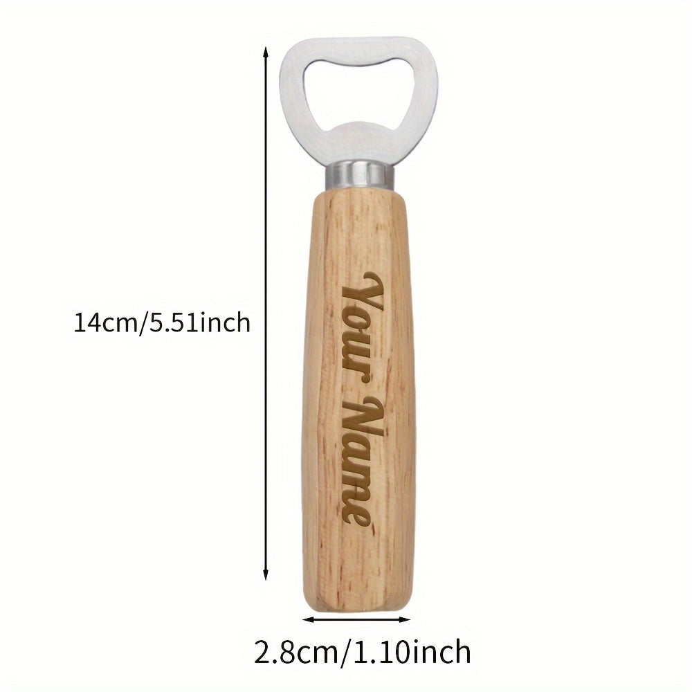 Personalized stainless steel beer bottle opener with wooden handle, perfect for business gifts, events, and carrying your contact information.