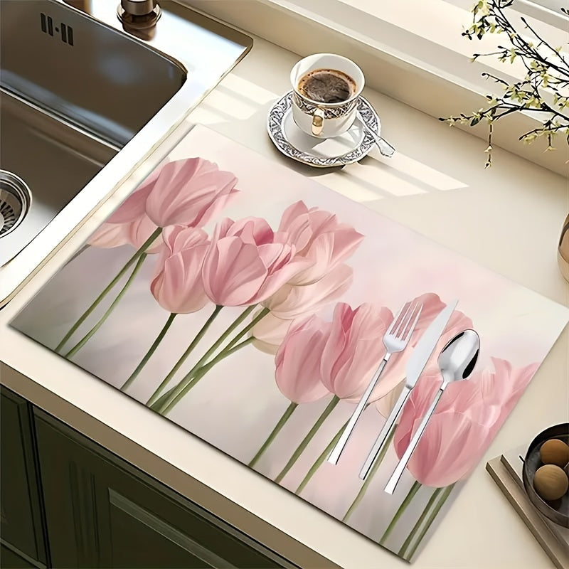 1 piece of Floral Printed Dish Drying Pad, Absorbent Mat for Countertops, Drain Pad for Washstand, Soft Mat for Faucets, Cup Mat for Washstand, Kitchen and Bathroom Accessories.