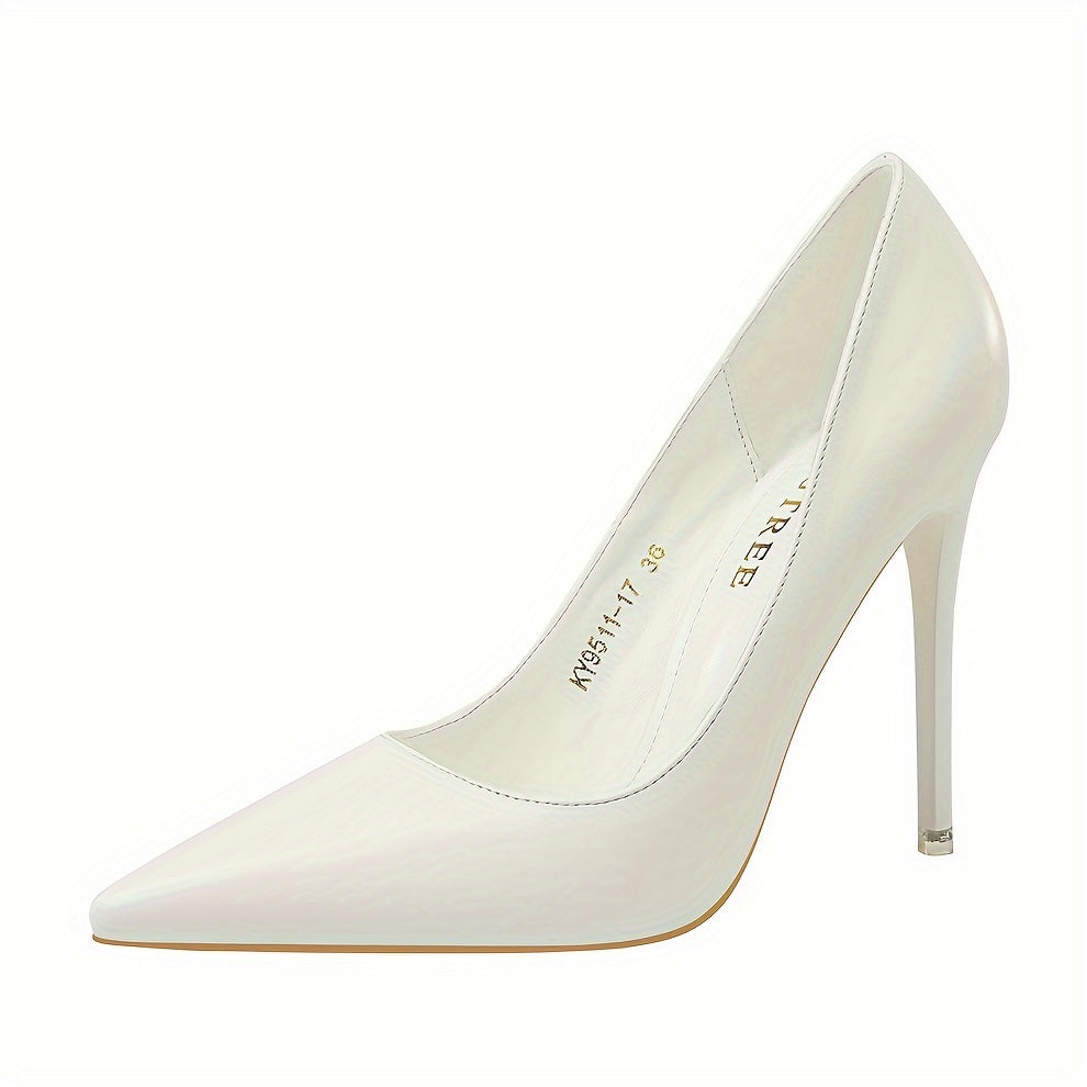 Women's elegant stiletto heels in solid color with point toe, slip-on design for parties.