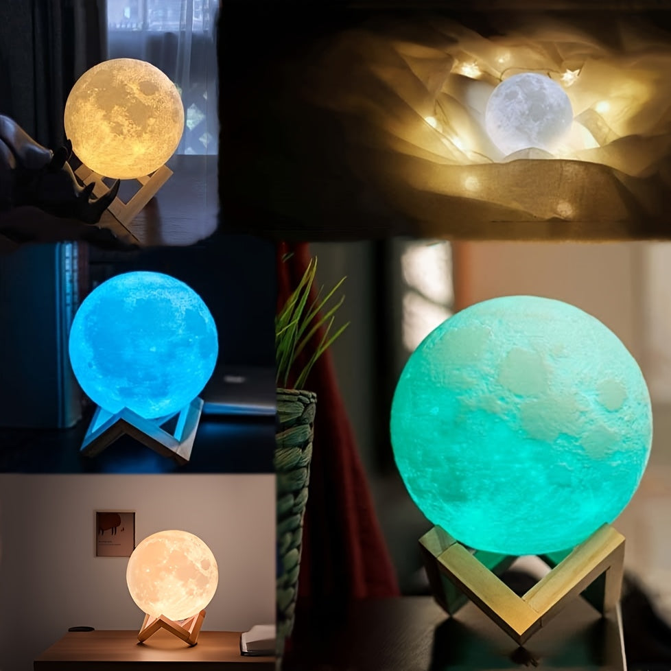 Moon night light for girls with wooden base, 2 control methods (remote and touch), rechargeable with 128 colors, 12cm diameter. Perfect gift for holidays and special occasions.