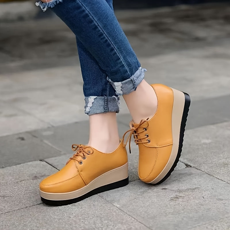 Women's lace-up low top shoes with solid color, comfortable all-season design, featuring a plain toe and PU sole. Made with man-made materials.