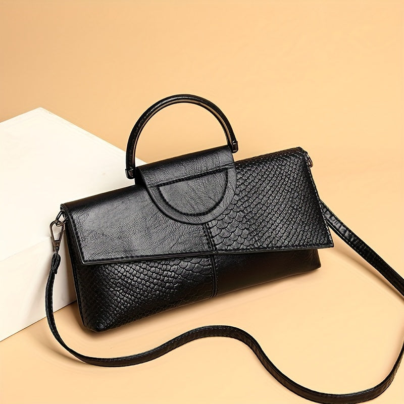 Vintage black crocodile pattern handbag for women with detachable strap, lightweight and stylish for everyday use, versatile and elegant top handle bag.