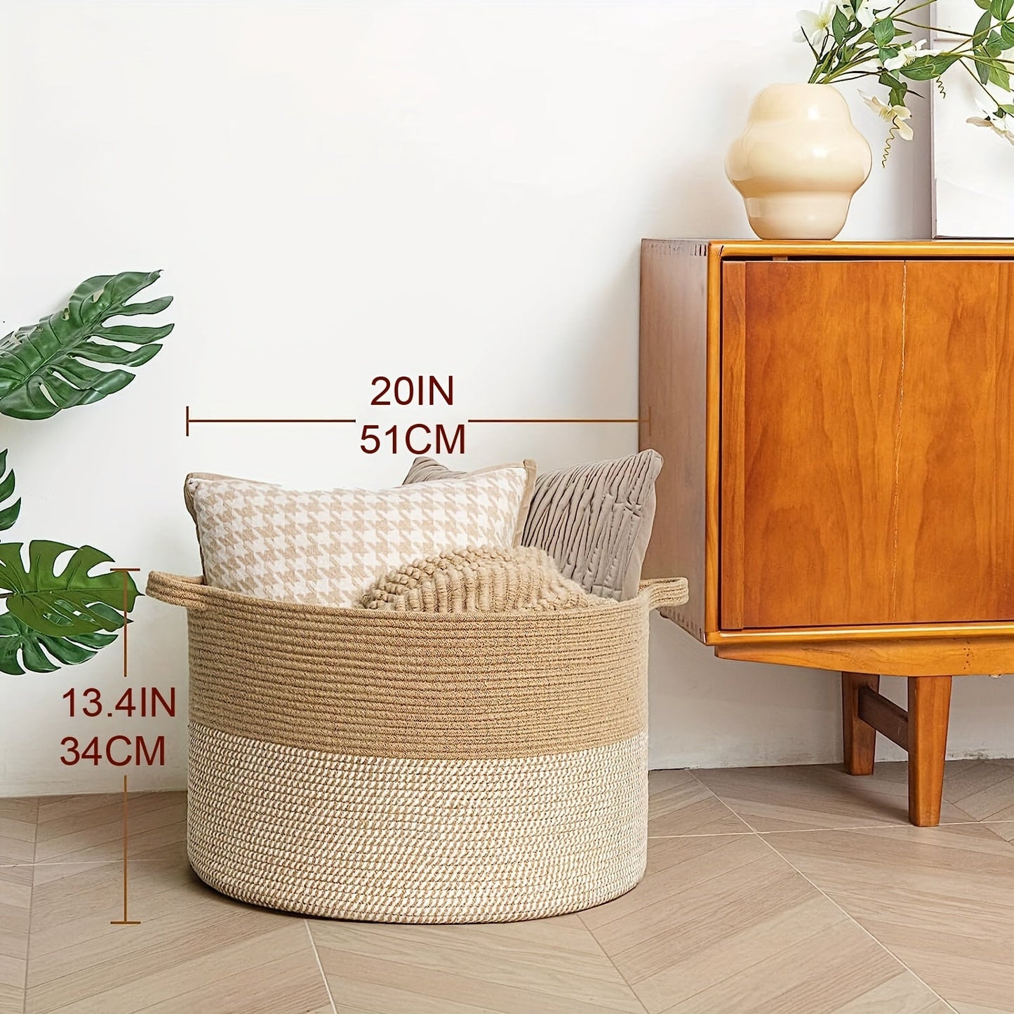 Large XXXLarge Rope Woven Basket, Measures 50.8cm x 50.8cm x 34.04cm. Ideal for Laundry, Blanket Storage in Living Room & Bedroom. Features Toy Organizer Basket with Handle. Perfect for Storing Comforter Cushions, Laundry Hamper Storage, and Home