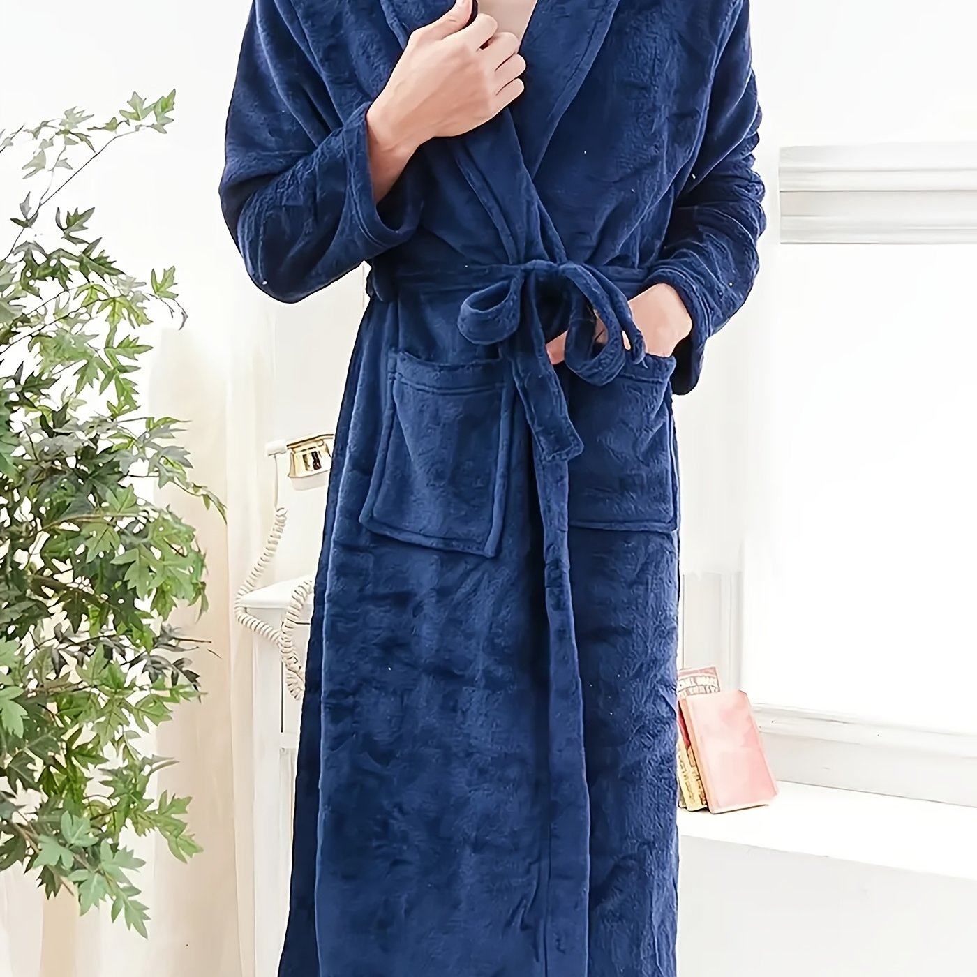 Men's long black fleece robe with large pockets, casual V-neck, adjustable waist tie, cozy lounge wear.