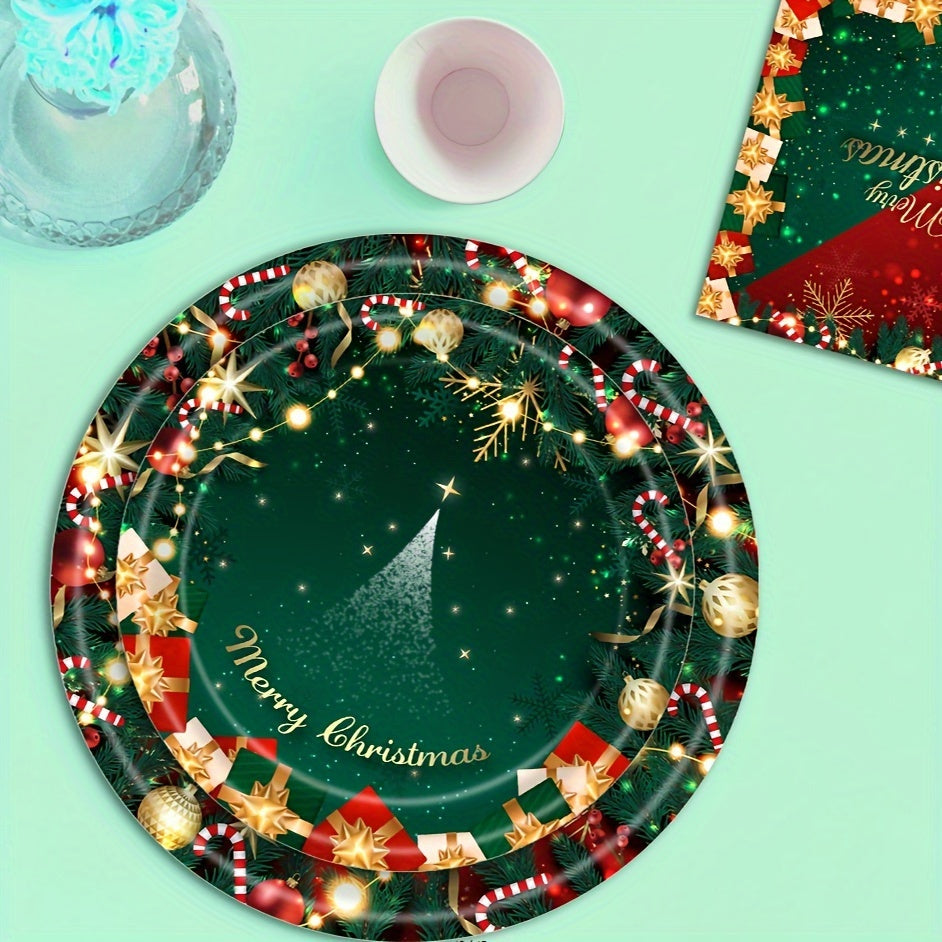 80 pieces of red and green Christmas party supplies including merry Christmas paper plates, napkins, cups, and tableware set. Christmas tree dinnerware set for holiday parties and Christmas party decorations.