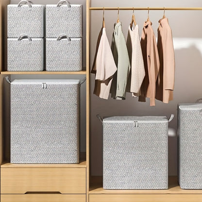 Fabric storage bags with lids are available in four sizes (30L, 110L, 150L, 220L) for organizing clothes, bedding, pillows, and toys. Comes with handles and folds for easy storage.