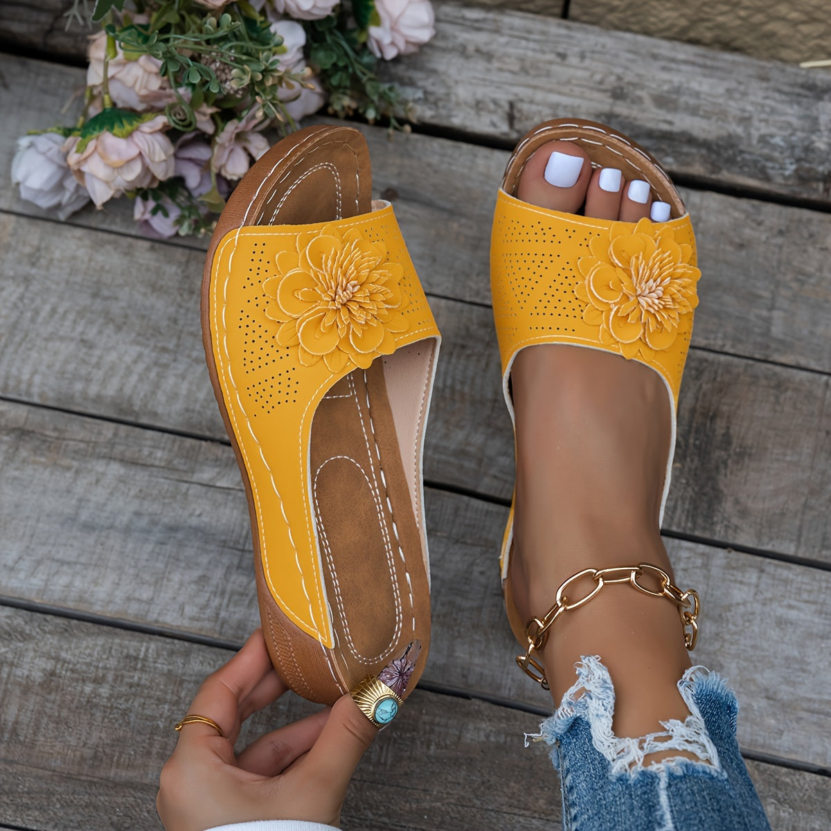 Women's Floral Embellished Open Toe Slides - Comfortable Slip-On Sandals with Thick Platform Sole