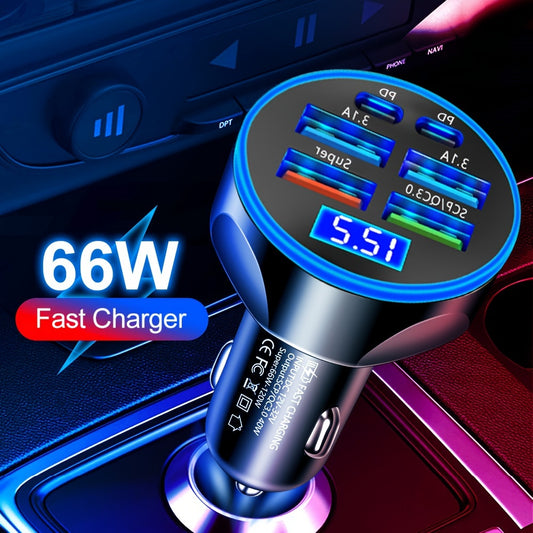 Compact 66W car charger with voltage display, 6-port charging featuring 4 USB and 2 PD ports for super fast charging. Compatible with 12-24V models and includes multi-compatible LED