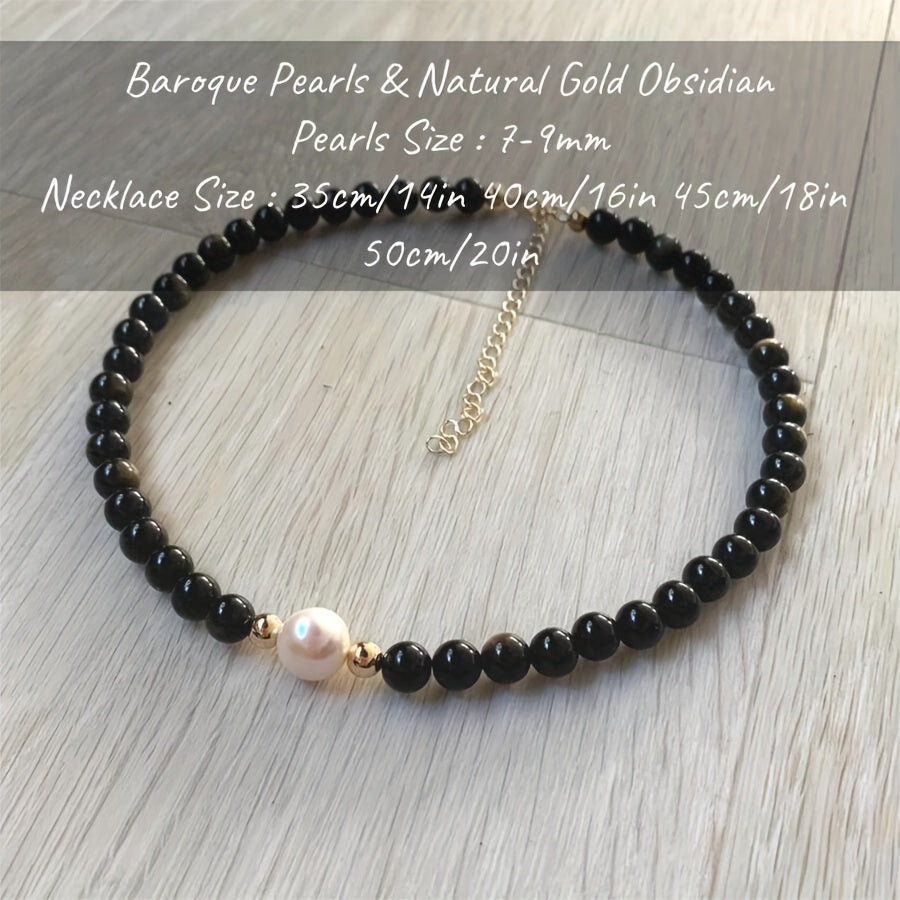 Handcrafted Natural Obsidian Baroque Pearl Necklace by MYSOYA featuring 7-9mm Freshwater Pearls. This vintage elegant piece is perfect for daily wear and special occasions, making it an ideal Valentine's Day gift. Comes with a gift box, making it an