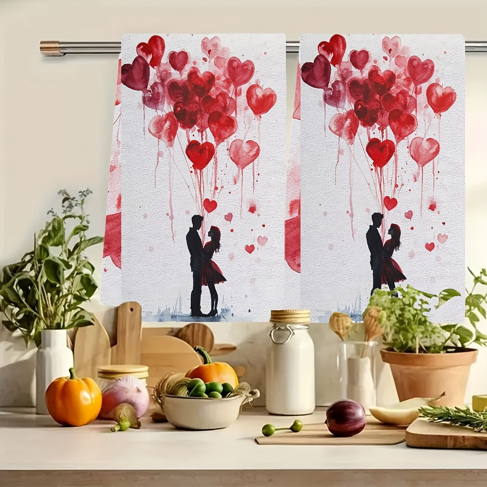 Set of 2 Romantic Valentine's Day Kitchen Towels - Made from Ultra Soft & Highly Absorbent Polyester, Measuring 40.64x60.96 cm, These Machine Washable Dish Hand Towels Feature a Charming Heart Balloon Illustration - Perfect for Holiday Decor & Thoughtful