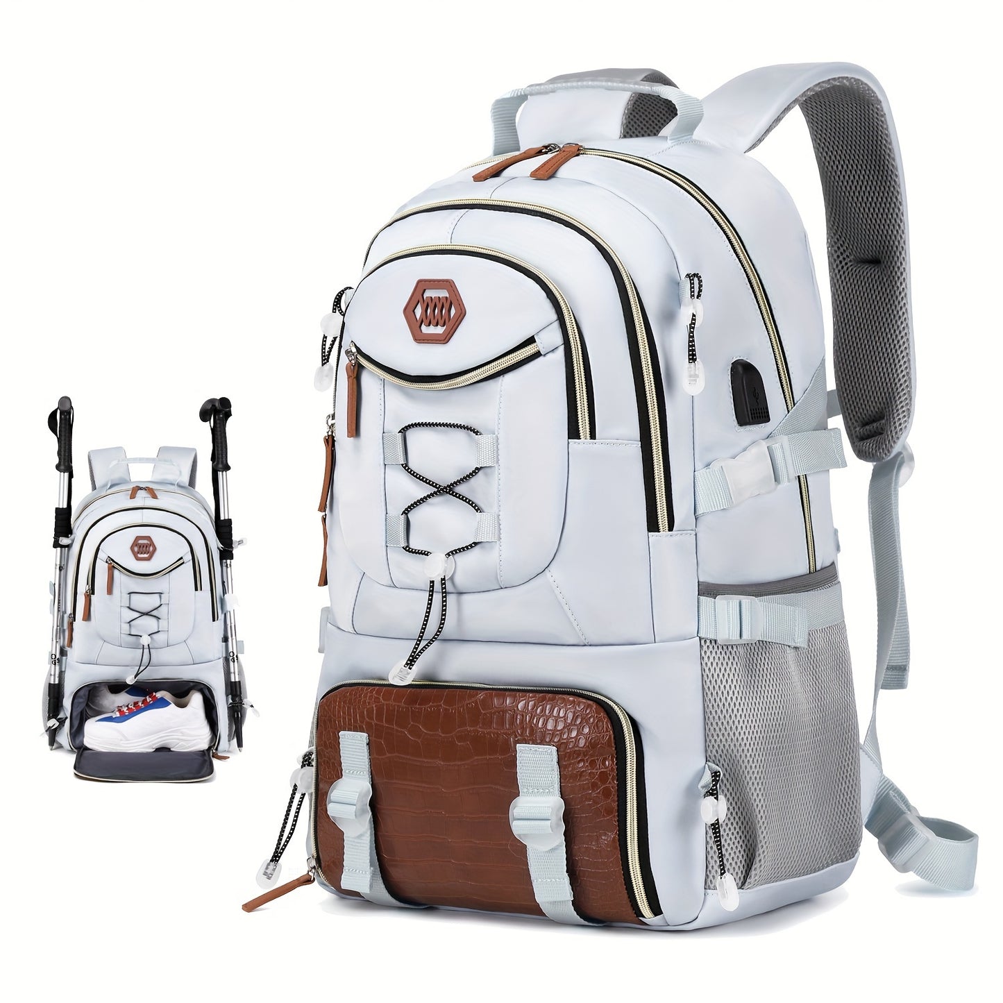 Large capacity outdoor travel backpack with 17-inch laptop compartment, suitable for men and women for sports camping.