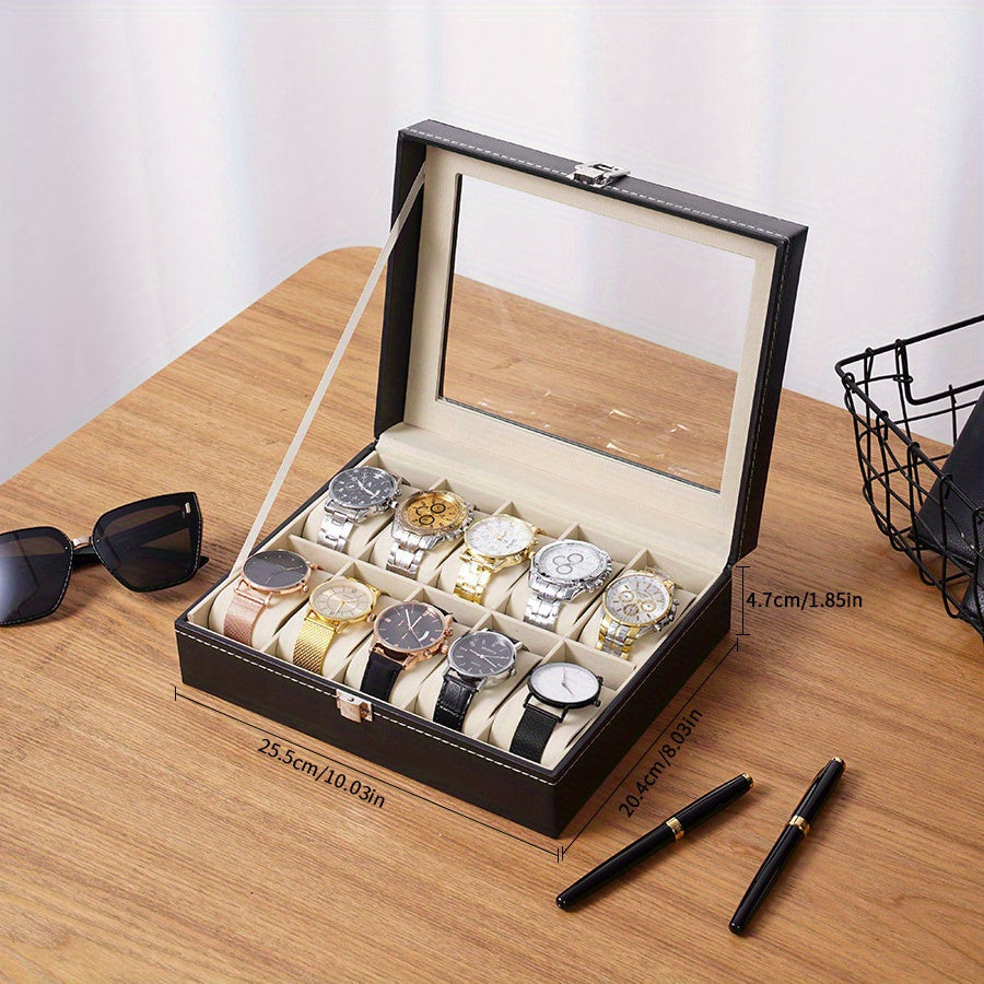 The Elegant Black Faux Leather Watch Storage Box is a popular choice for your timepiece collection. Whether you have 2, 6, 10, or 12 watches, this square flip-top design box will keep them safe and organized. The soft interior and pen holder add a touch